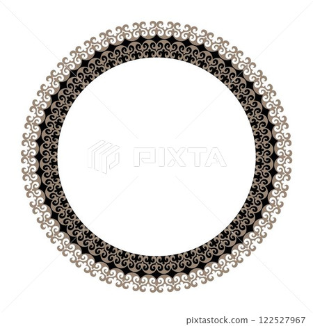 Oriental vector round frame with arabesques and floral elements. Golden black decorative border. Kazakh national round pattern, frame. Ethnic ornament Turk, Kazakhs, Kyrgyz, Mongols, Turkmens. Ceramic 122527967