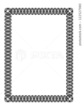 Oriental black rectangular Vertical frame with arabesques. Floral black border on white background. A4 format. Elegant element for design in Eastern style. Ornate frame for embroidery, sandblasting 122527980