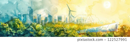 Solar panels, wind turbines, renewable energy, global warming, vector art, pastel yellow background 122527991