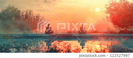 Two figures meditate peacefully at sunrise, overlooking a serene pond. 122527997