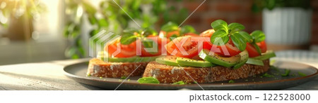 Avocado toast with tomato and herbs on a white plate. 122528000