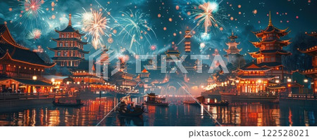 Fireworks display over a temple, bright and colorful, cultural and traditional, high contrast, digital illustration 122528021