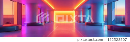 Innovation hub, tech startup, bright neon, sleek design, high tech, dynamic environment 122528207