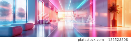 Neon lights illuminate a modern hallway with seating and a plant. Neon lights illuminate a modern hallway with seating and a plant. 122528208