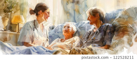 A nurse cares for a patient in a hospital bed, with a family member at their bedside. 122528211