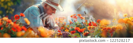 Elderly woman in a field of colorful flowers. 122528217