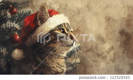 A tabby cat wearing a Santa hat gazes thoughtfully at a Christmas tree. 122528583