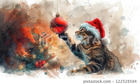 A tabby cat wearing a Santa hat reaches for a Christmas ornament hanging from a tree. Watercolor painting style. 122528584