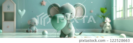 Adorable stuffed elephant holding a heart-shaped balloon in a pastel-themed nursery, creating a soft and cozy atmosphere. 122528663