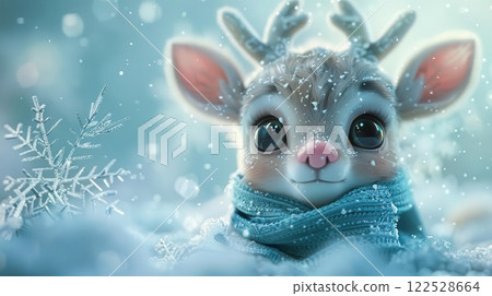 Adorable baby reindeer with a blue scarf in a snowy winter wonderland, perfect for holiday and Christmas themes. Beautiful and magical illustration. Adorable baby reindeer with a blue scarf in a snowy winter wonderland, perfect for holiday and Christmas themes. Beautiful and magical illustration. 122528664