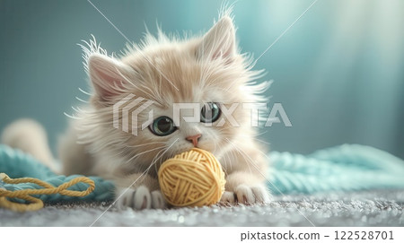Adorable fluffy kitten playing with a ball of yarn. Perfect for pet lovers and animal-themed designs, evoking warmth and playfulness. 122528701