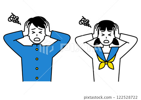 男女學生憂心忡忡地抱頭 男女學生憂心忡忡地抱頭 122528722