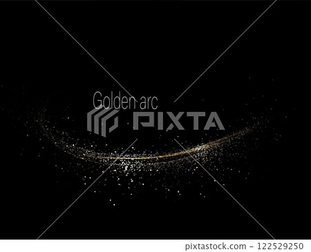 Design element, golden arc of shiny tinsel on black background 122529250