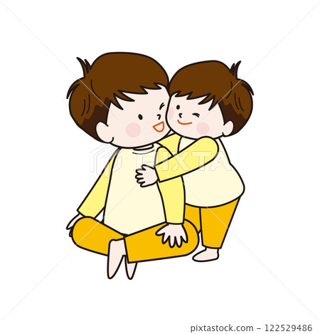 Younger brother hugging older brother, they're good friends 122529486