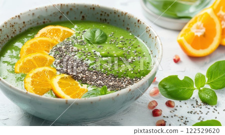 Healthy green smoothie bowl with orange slices, chia seeds, and basil. 122529620