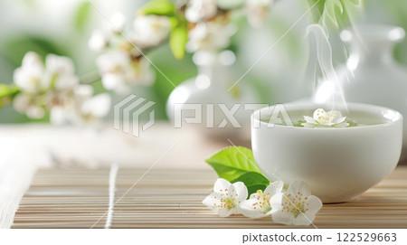Steaming cup of green tea with delicate blossoms on a bamboo mat. 122529663