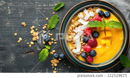 Delicious mango smoothie bowl with granola, berries, and coconut flakes. 122529673
