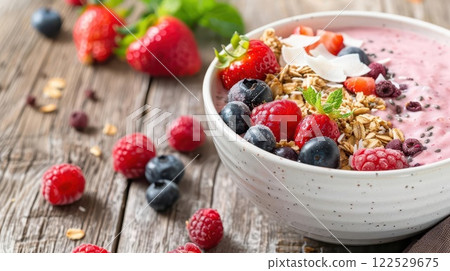 Delicious and healthy smoothie bowl with fresh berries, granola, and coconut flakes. 122529675