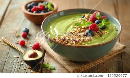 Green smoothie bowl with granola, berries, and avocado. 122529677