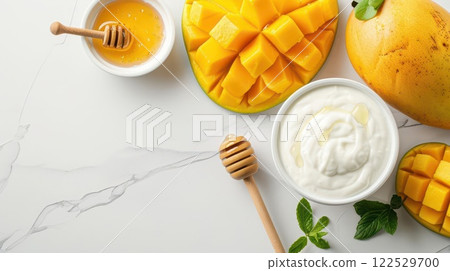 Fresh mango, yogurt, honey and mint leaves on a white marble background. 122529700
