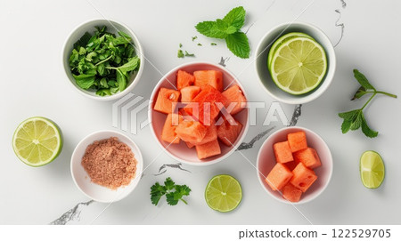 Fresh watermelon, lime, mint and salt on a white marble surface. 122529705