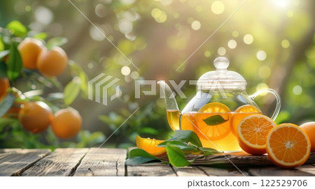 Glass teapot with orange tea on wooden table with fresh oranges and leaves. 122529706