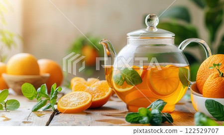 Freshly brewed orange tea with mint leaves in a glass teapot, surrounded by oranges. 122529707