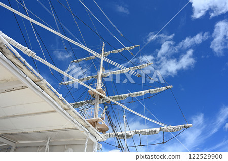 The mast of the Nihon Maru sailing ship on the whirlpool cruise shines against the blue sky The mast of the Nihon Maru sailing ship on the whirlpool cruise shines against the blue sky 122529900