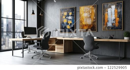 Modern office interior with abstract paintings and city view 122529905
