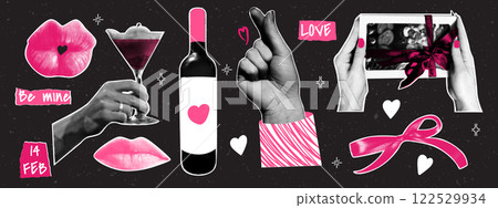 Set of retro halftone Valentine's Day elements with doodle shapes. Lips, bottle of wine, bow, gift, heart. Doodle stickers cut from magazine Set of retro halftone Valentine's Day elements with doodle shapes. Lips, bottle of wine, bow, gift, heart. Doodle stickers cut from magazine 122529934