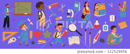 Set of school supplies. Teacher, graduate, student, high school student, backpack, button, books, scissors, pen, marker, lamp, microscope. Hand drawn illustration. 122529956