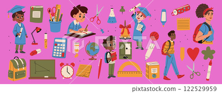 School supplies set. Student, backpack, alarm clock, button, marker, lamp, calculator, eraser, globe, ball, bell. Hand drawn illustration. 122529959