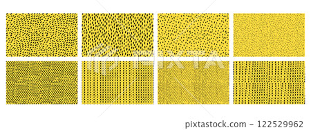 Collection of simple seamless patterns with small dashes. Vector wallpaper with hand drawn sprinkles. 122529962