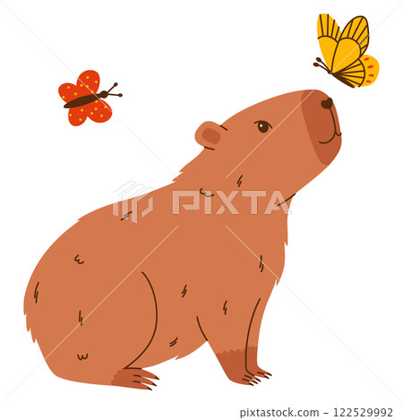Cute capybara character. Funny rodent playing with butterflies. Hand drawn vector illustration. 122529992