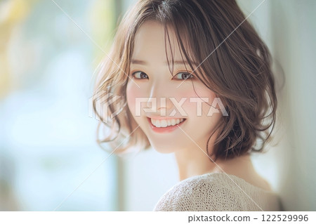 "AI generated image" of a beautiful woman photographed at a beauty salon 122529996