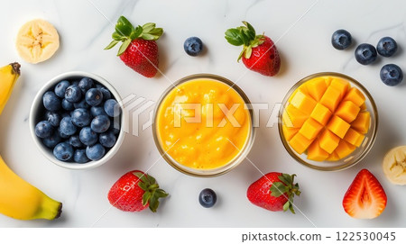 Fresh mango smoothie ingredients: banana, blueberries, strawberries, mango. 122530045