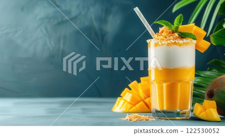 Refreshing mango smoothie with coconut flakes and mint. 122530052