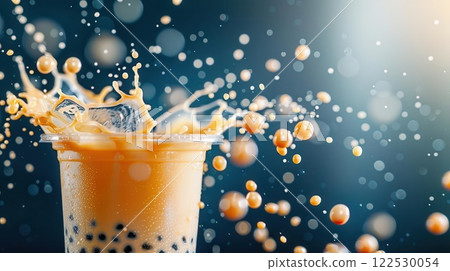 Artistic shot of bubble tea splashing, with pearls and liquid frozen in motion, Bubble Tea, Dynamic Art 122530054