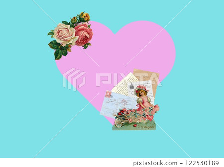 帶有玫瑰、粉紅心和英文字母的復古拼貼卡，適合女孩 122530189