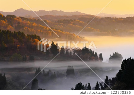 Autumn at Hoshi Pass. The morning sun shines on the yellow leaves in the valley where morning mist hangs. Autumn at Hoshi Pass. The morning sun shines on the yellow leaves in the valley where morning mist hangs. 122530326