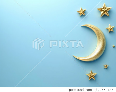 Elegant soft pastel blue background with golden crescent moon and stars for decor 122530427