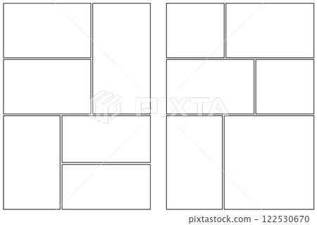Comic book frame. Manga template on white background. Pop art page with grid. Blank with boxes for anime and dialog. Vector storyboard for magazine collage and posters. 122530670