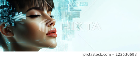 Woman showing digital glitch effect representing artificial intelligence technology 122530698