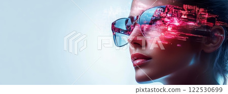 Woman wearing futuristic smart glasses experiencing augmented reality interface 122530699