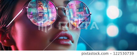 Woman wearing futuristic glasses reflecting colorful city lights Woman wearing futuristic glasses reflecting colorful city lights 122530739