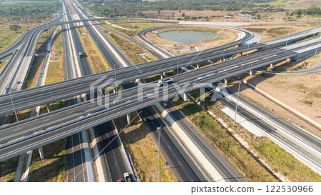 Drone shot aerial view of high angle view of intersection across the bridge against the countryside highway 122530966