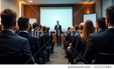 Rear view of people in audience at the conference hall, Speaker giving a talk in conference hall at business event. Rear view of people in audience at the conference hall, Speaker giving a talk in conference hall at business event. 122531084