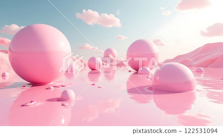 Surreal Landscape with Glossy Pink Spheres Background 122531094