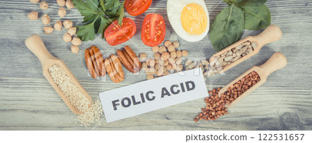 Various products or ingredients containing natural vitamin B9 and minerals 122531657