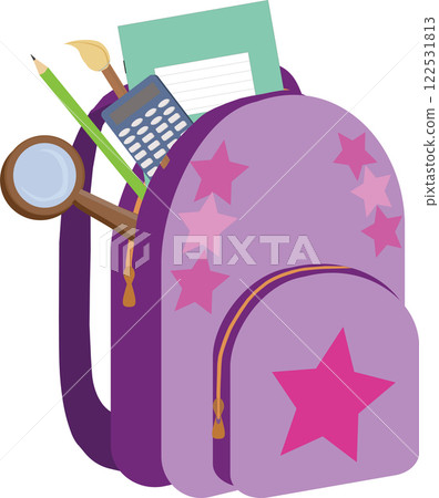 School backpack with stationery. Back to school concept. Vector illustration isolated on white background. 122531813